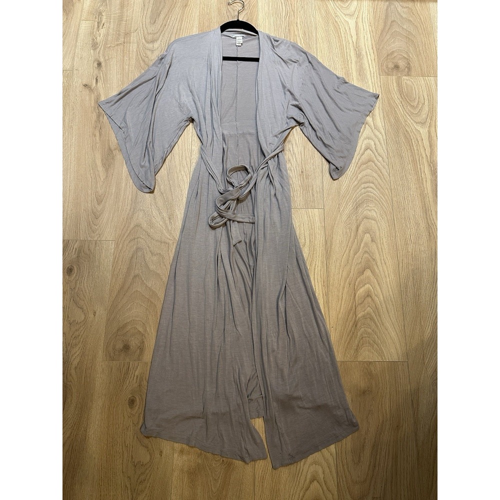 Eberjey Women's Size S Gray Cotton Longline Wrap Robe Flutter Sleeve $130 EUC